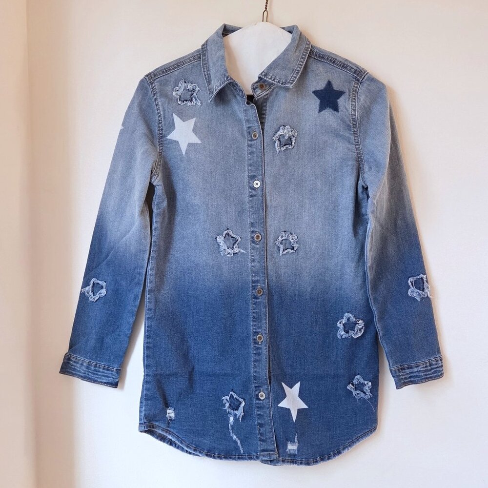 Fashion Nova Girl's Distressed Denim Jean Dress Stars Size 10-12 Cotton Stretch